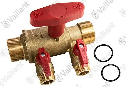 Vaillant Ventil mit rotem Drehgriff zur Steuerung des Wasserdurchflusses, mit zwei Anschlussmöglichkeiten und O-Ringen zur Abdichtung.